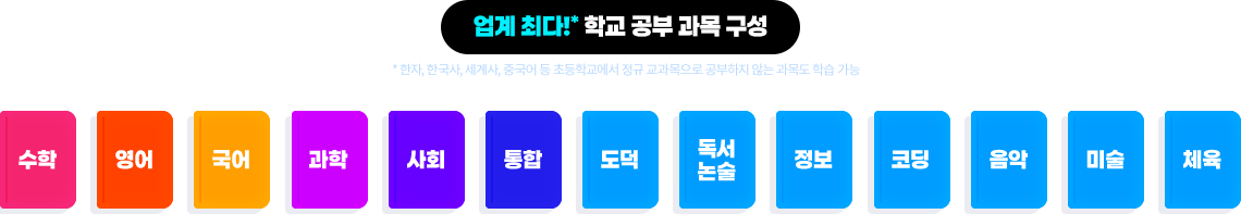 업계 최다! 학교 공부 과목 구성 (*한자, 한국사, 세계사, 중국어 등 초등학교에서 정규 교과목으로 공부하지 않는 과목도 학습 가능) 수학, 영어, 국어, 과학, 사회, 통합, 도덕, 독서 논술, 정보, 코딩, 음악, 미술, 체육