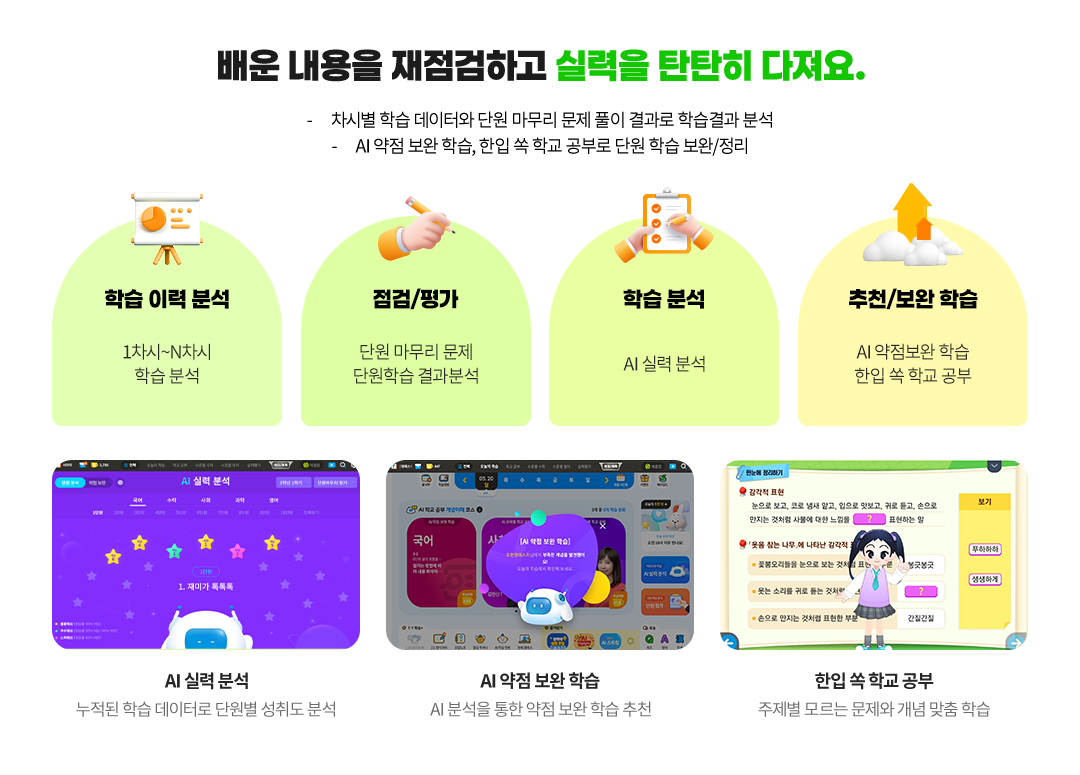 배운 내용을 재점검하고 실력을 탄탄히 다져요. 차시별 학습 데이터와 마무리 문제 풀이 결과로 학습 결과 분석. AI 약점 보완 학습, 한입 쏙 학교 공부로 단원 학습 보완/정리
