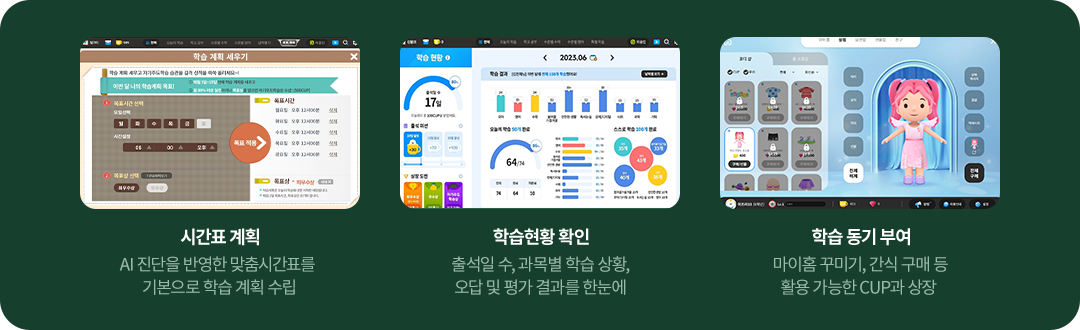 시간표 계획 : AI 진단을 반영한 맞춤 시간표를 기본으로 학습 계획 수립, 학습 현황 확인 : 출석일 수 과목별 학습 상황, 오답 및 평가 결과를 한눈에, 학습 동기 부여 : 마이홈 꾸미기, 간식 구매 등 활용 가능한 CUP과 상장