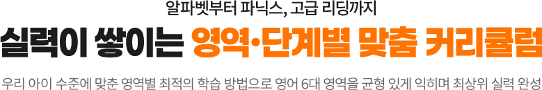 알파벳부터 파닉스, 고급리딩까지 실력이 쌓이는 영역 단계별 맞춤 커리큘럼! 우리 아이 수준에 맞춘 영역별 쵲거화 학습 방법으로 영어 6대 영역을 균형있게 익히며 최상위 실력 완성