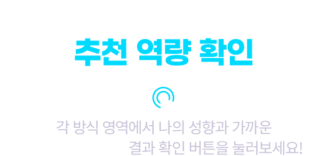 나의 성향별 추천 역량 확인 각 방식 영역에서 나의 성향과 가까운 키워드를 선택 후 결과 확인 버튼을 눌러보세요!