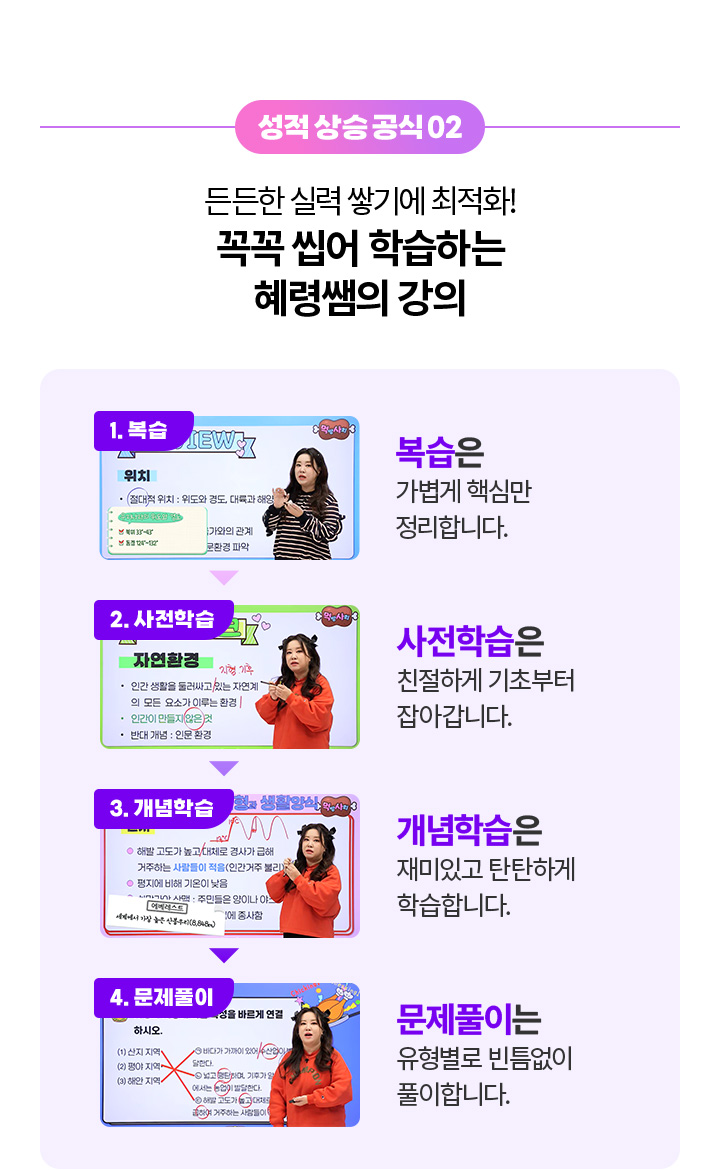 성적 상승 공식 02 - 든든한 실력을 쌓기 위해 꼭꼭 씹어 학습하는 혜령쌤의 강의! STEP1 복습 STEP2 사전학습 STEP3 개념먹방 STEP4 문제소화