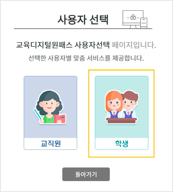 사용자 선택, 교육디지털원패스 사용자 선택 페이지입니다. 선택자 사용자별 맞춤 서비스를 제공합니다.