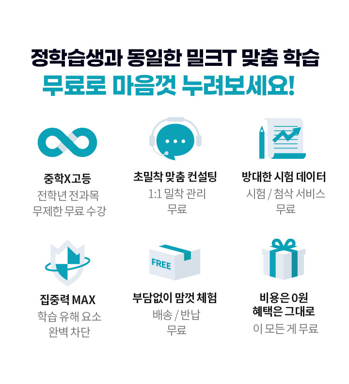 정학습생과 동일한 밀크T 맞춤 학습 무료로 마음껏 누려보세요!