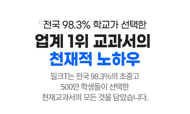 1) 전국 98.3% 학교가 선택한 업계 1위 교과서의 천재적 노하우, 밀크T는 전국 98.3%의 초중고	500만 학생들이 선택한 천재교과서의 모든 것을 담았습니다.