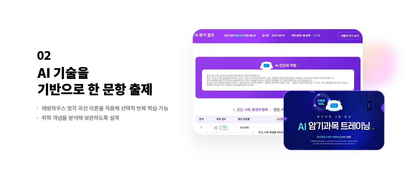 02 AI 기술을 기반으로 한 문항 출제· 에빙하우스 망각 곡선 이론을 적용해 선택적 반복 학습 가능· 취학 개념을 분석해 보완하도록 설계