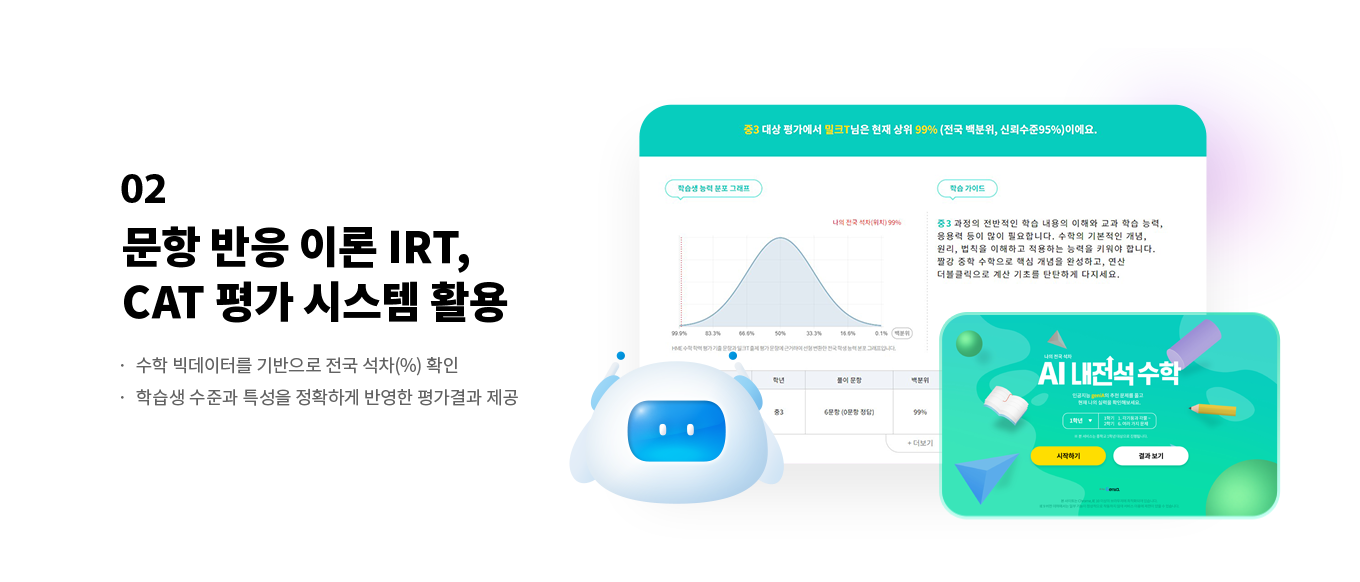 02 문항 반응 이론 IRT, CAT 평가 시스템 활용· 수학 빅데이터를 기반으로 전국 석차(%) 확인· 학습생 수준과 특성을 정확하게 반영한 평가결과 제공