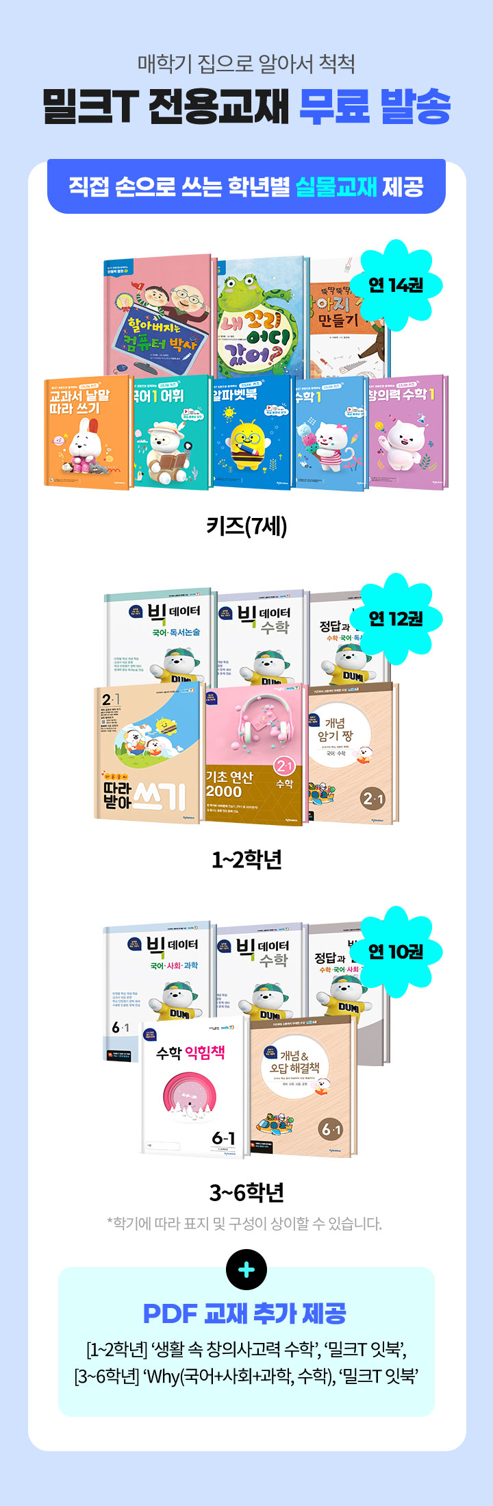 매학기 집으로 알아서 척척 밀크T 전용교재 무료 발송, 학년별 딱 맞는 과목 교재 구성