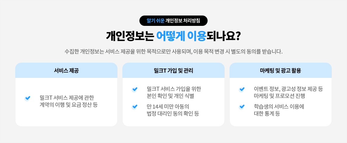 개인정보는 어떻게 이용되나요? 수집한 개인정보는 서비스 제공을 위한 목적으로만 사용되며, 이용 목적 변경 시 별도의 동의를 받습니다.