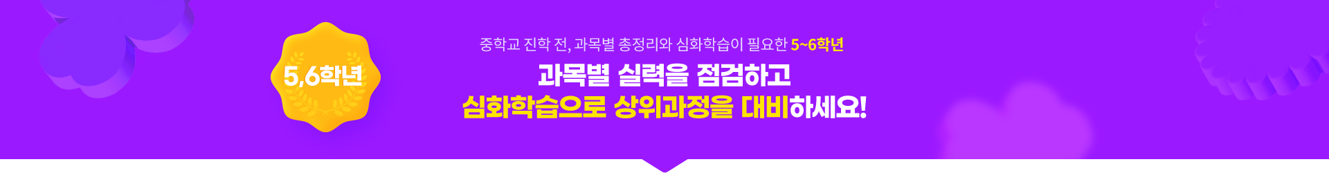 중학교 진학 전, 과목별 총정리와 심화학습이 필요한 5~6학년  과목별 실력을 점검하고심화학습으로 상위과정을 대비하세요!