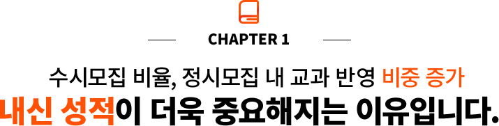 CHAPTER 1 수시모집 비율, 정시모집 내 교과 반영 비중 증가 내신 성적이 더욱 중요해지는 이유입니다.