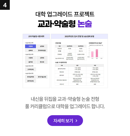 대학 업그레이드 프로젝트 교과·약술형 논술 : 내신을 뒤집을 교과·약술형 논술 전형 풀 커리큘럼으로 대학을 업그레이드 합니다.