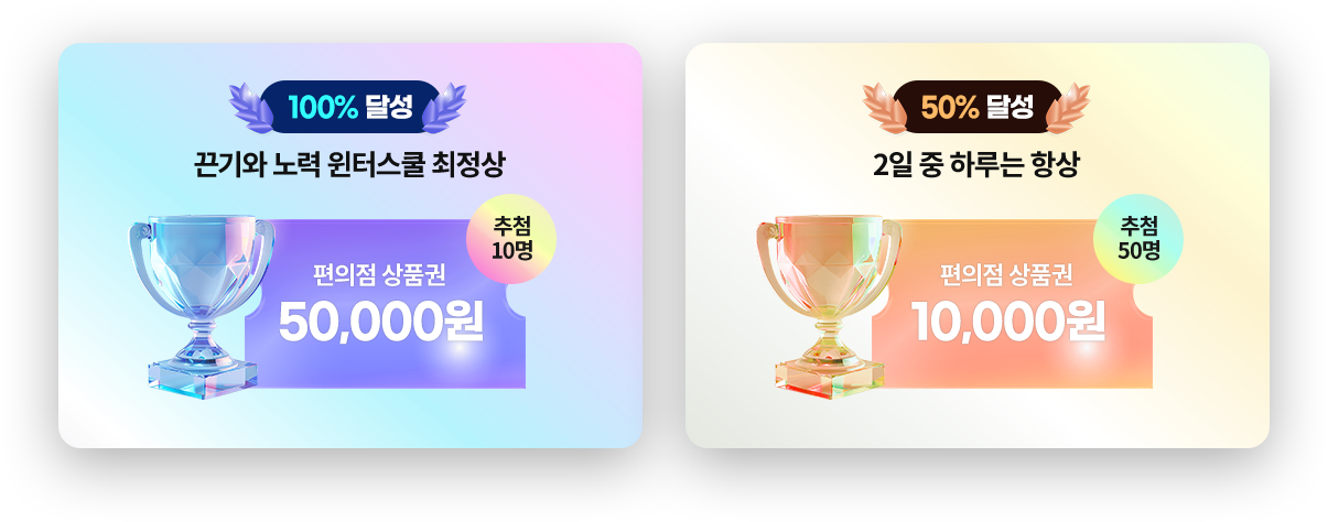 100% 달성: 끈기와 노력 윈터스쿨 최정상(추첨 10명) 편의점 상품권 50,000원, 50% 달성: 2일 중 하루는 항상(추첨 50명) 편의점 상품권 10,000원