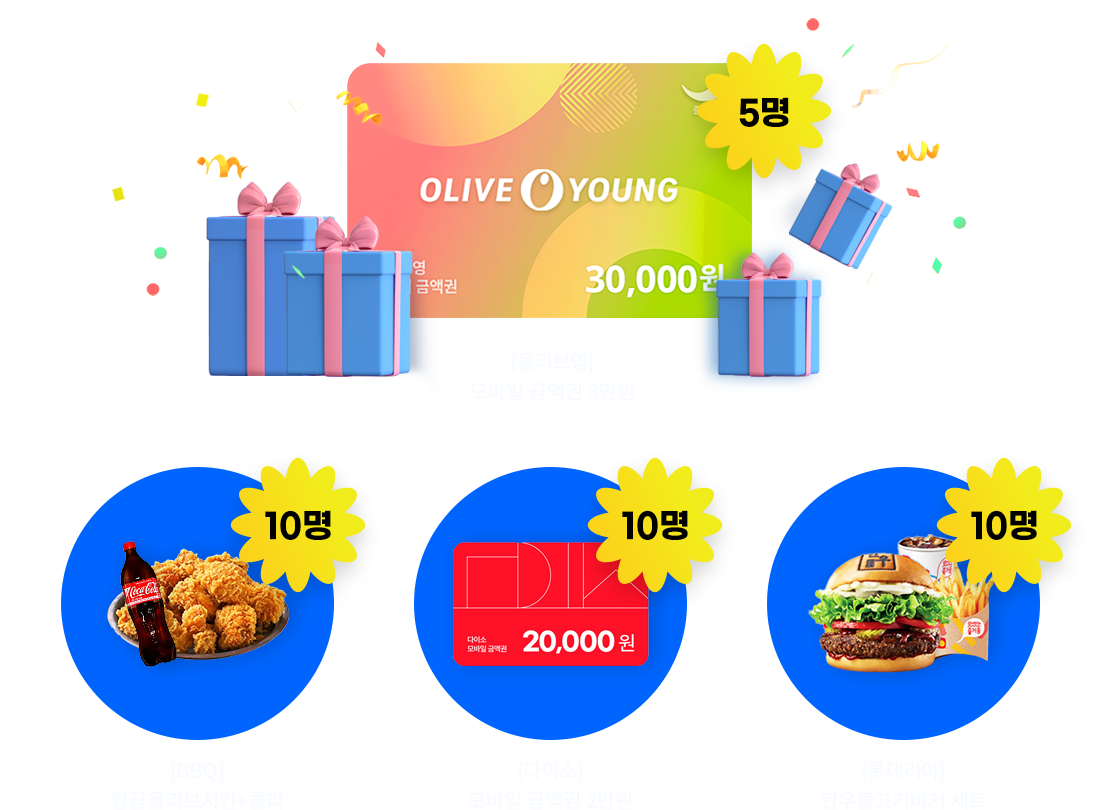 1.[올리브영] 모바일 금액권 3만원 2.[BBQ] 황금올리브치킨 + 콜라 3.[다이소] 모바일 금액권 2만원 4. [롯데리아] 한우불고기버거 세트