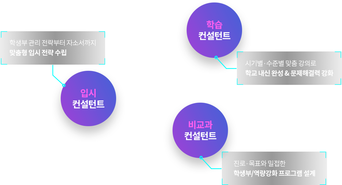 입시 컨설턴트:학생부 관리 전략부터 자소서까지 맞춤형 입시 전략 수립 / 학습 컨설턴트:시기별·수준별 맞춤 강의로 학교 내신 완성 & 문제해결력 강화 / 비교과 컨설턴트:진로·목표와 밀접한 학생부/역량강화 프로그램 설계