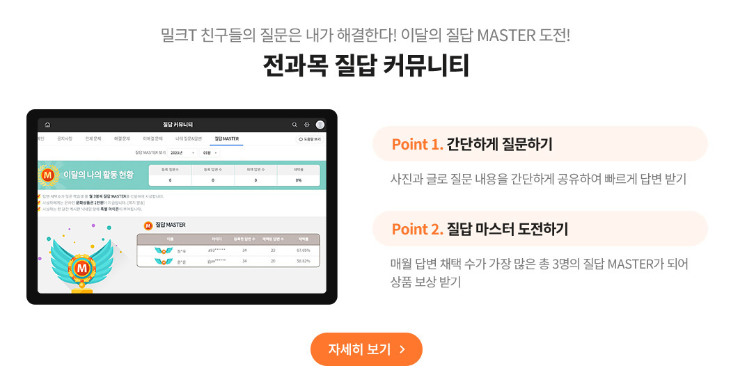 밀크T 친구들 질문은 내가 해결사! 이달의 질답 MASTER 도전 전과목 질답 커뮤니티