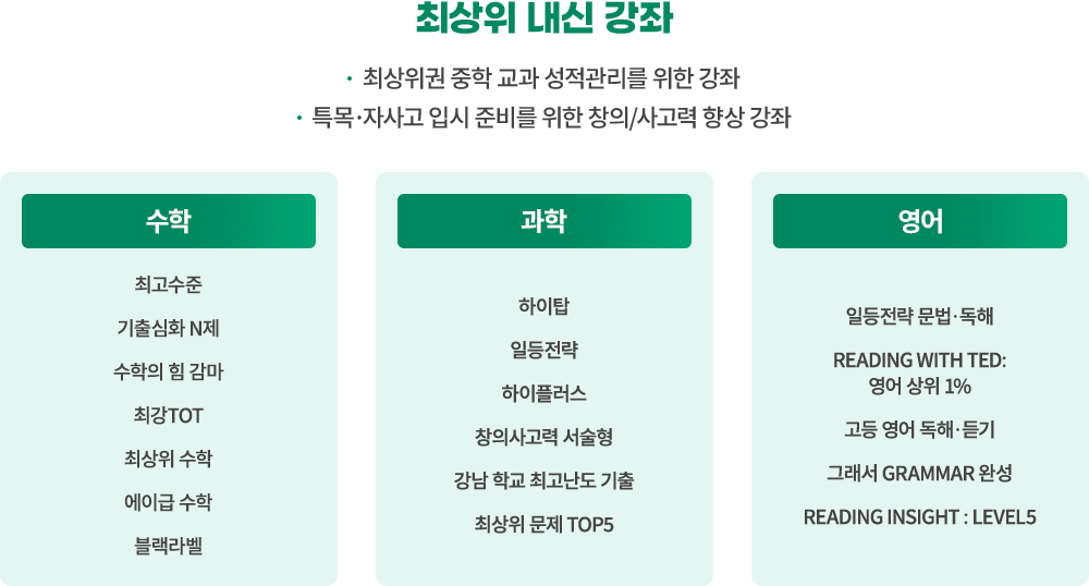 최상위 내신 강좌 최상위권 중학 교과 성적관리를 위한 강좌, 특목 자사고 입시 준비를 위한 창의/사고력 향상 강좌
