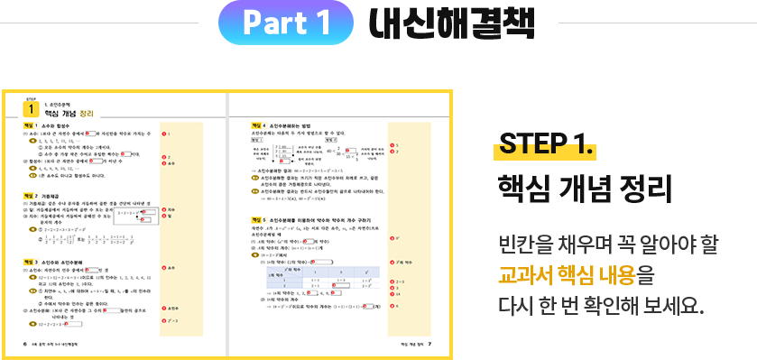 Part 1 내신해결책 step 1. 핵심 개념 정리: 빈칸을 채우며 꼭 알아야 할 교과서 핵심 내용을 다시 한 번 확인해 보세요.