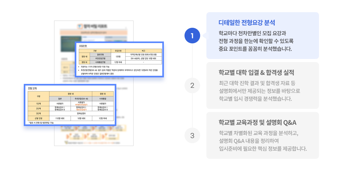 디테일한 전형요강 분석 - 학교마다 천차만별인 모집 요강과 전형 과정을 한눈에 확인할 수 있도록 중요 포인트를 꼼꼼히 분석했습니다.