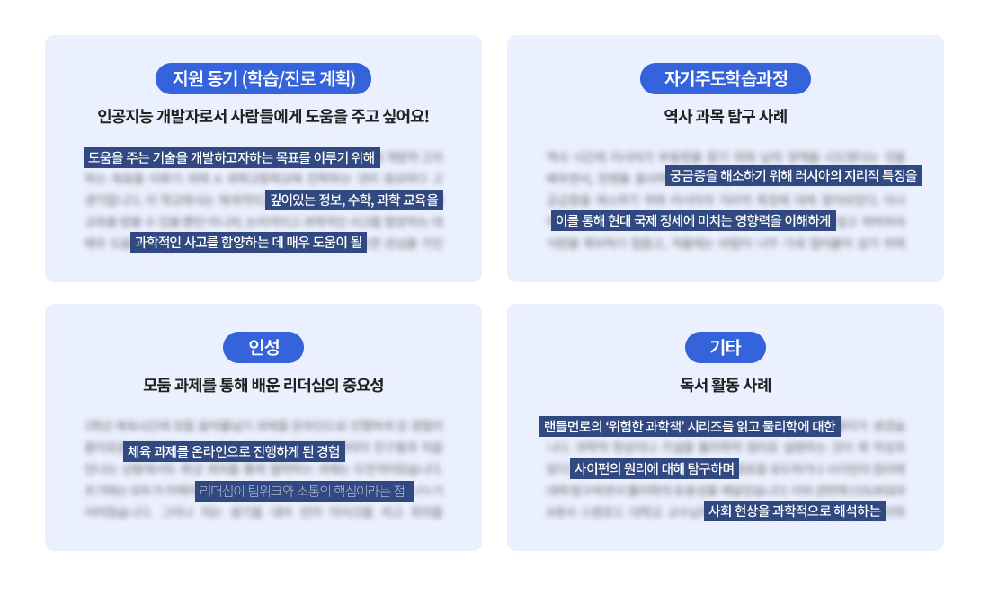 지원 동기 (학습/진로 계획) 사례, 자기주도학습과정 사례, 인성 사례, 기타 사례