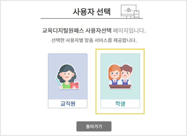 사용자 선택, 교육디지털원패스 사용자 선택 페이지입니다. 선택자 사용자별 맞춤 서비스를 제공합니다.