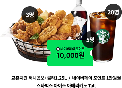 교촌치킨 허니콤보+콜라1.25(3명)/네이버페이 포이늩 1만원권(5명)/스타벅스 아이스 아메리카노 Tall(20명)