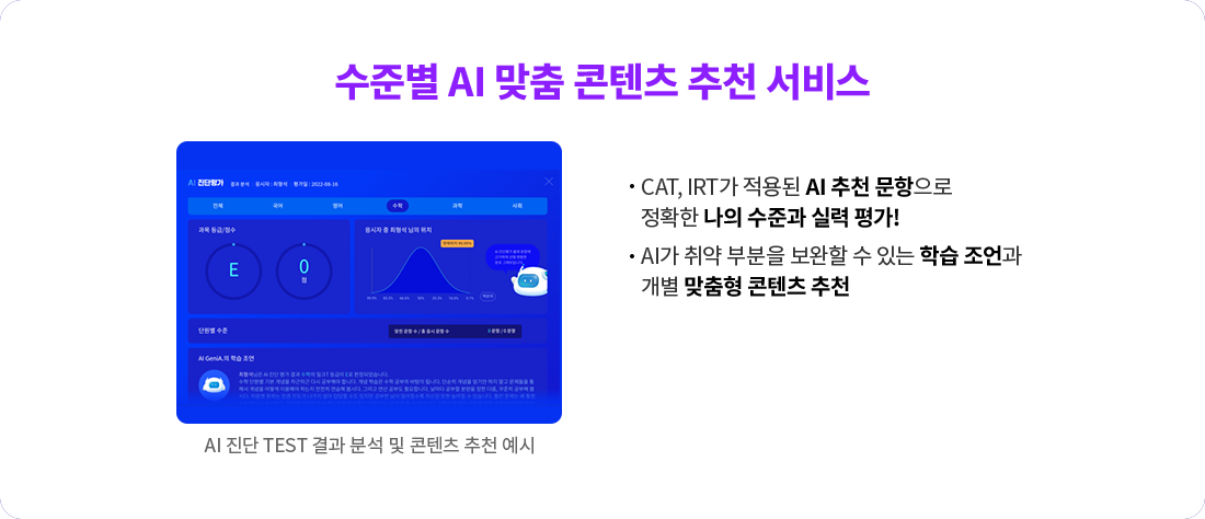 CAT, IRT가 적용된 AI 추천 문항으로 정확한 나의 수준과 실력 평가! AI가 취약 부분을 보완할 수 있는 학습 조언과 개별 맞춤형 콘텐츠 추천 